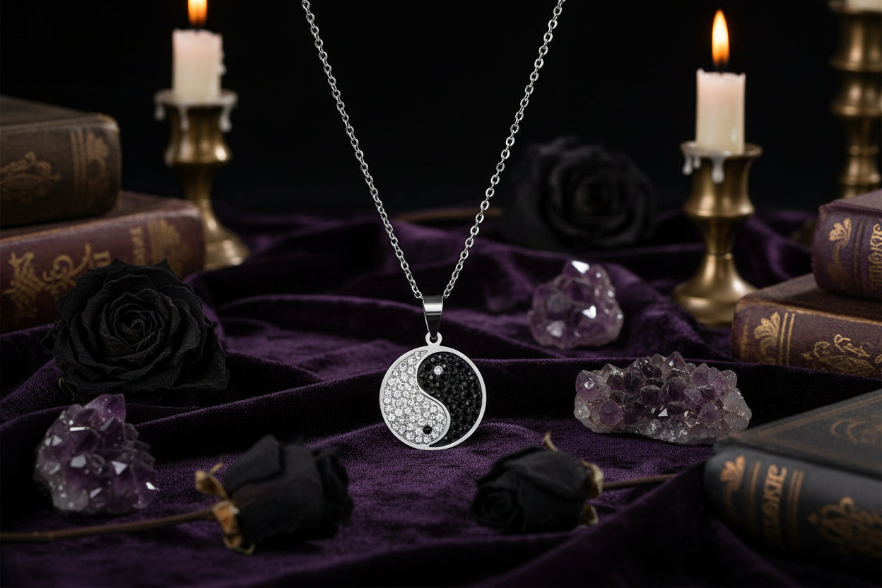 Yin Yang Crystal Necklace - Sorceress Sanctuary Steel color