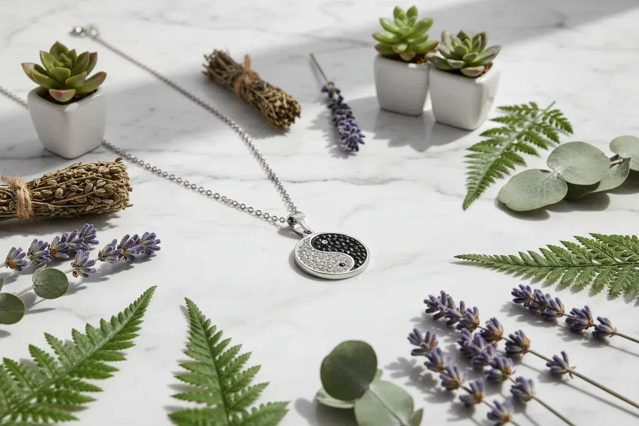 Yin Yang Crystal Necklace - Sorceress Sanctuary Steel color