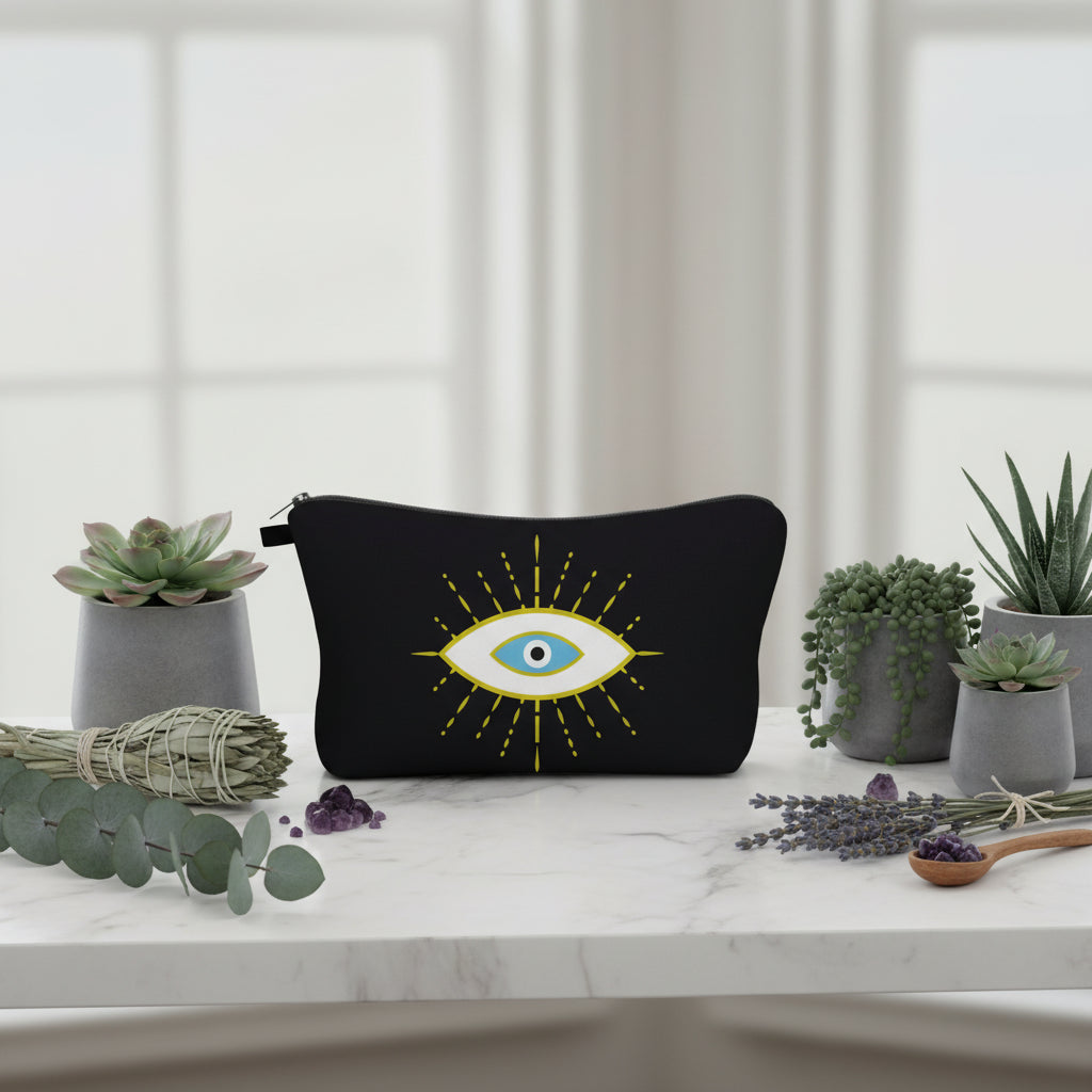 Black pouch with an eye design on a white background