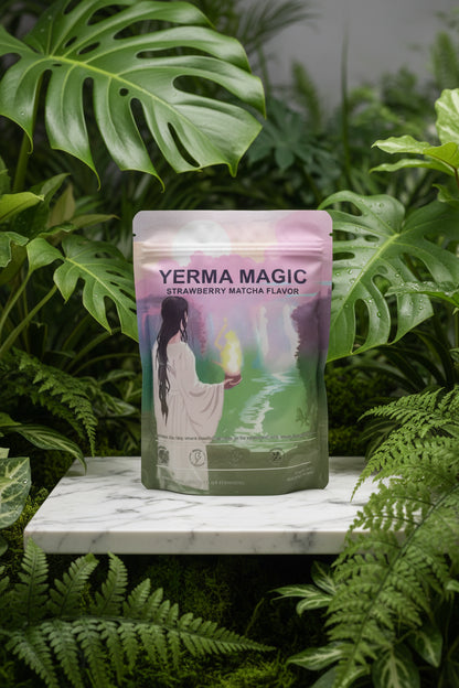 Yerma Magic strawberry matcha flavor package with a person holding a light.