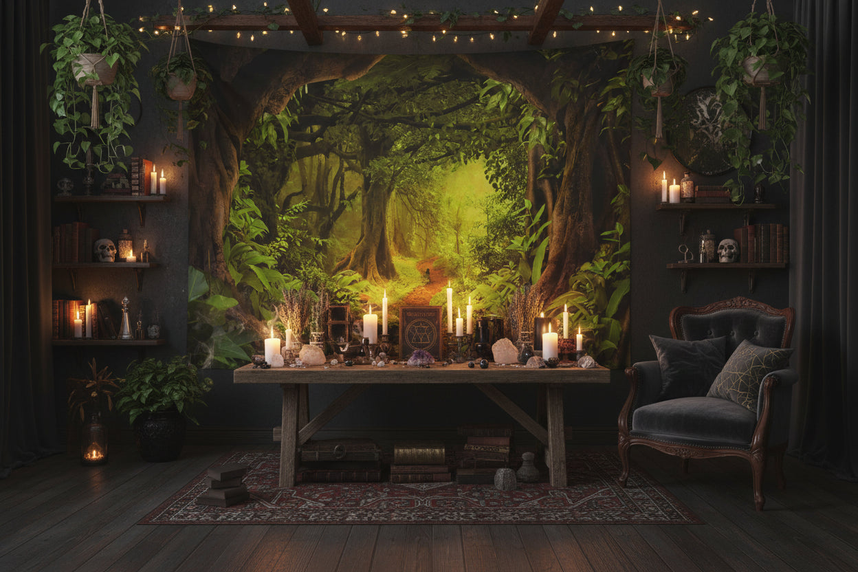 Tapestry depicting a lush green forest with a stream, hanging on a wall above a wooden floor.