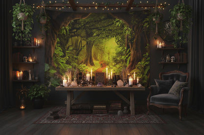 Tapestry depicting a lush green forest with a stream, hanging on a wall above a wooden floor.