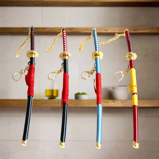 Four decorative swords with red and gold accents on a white background