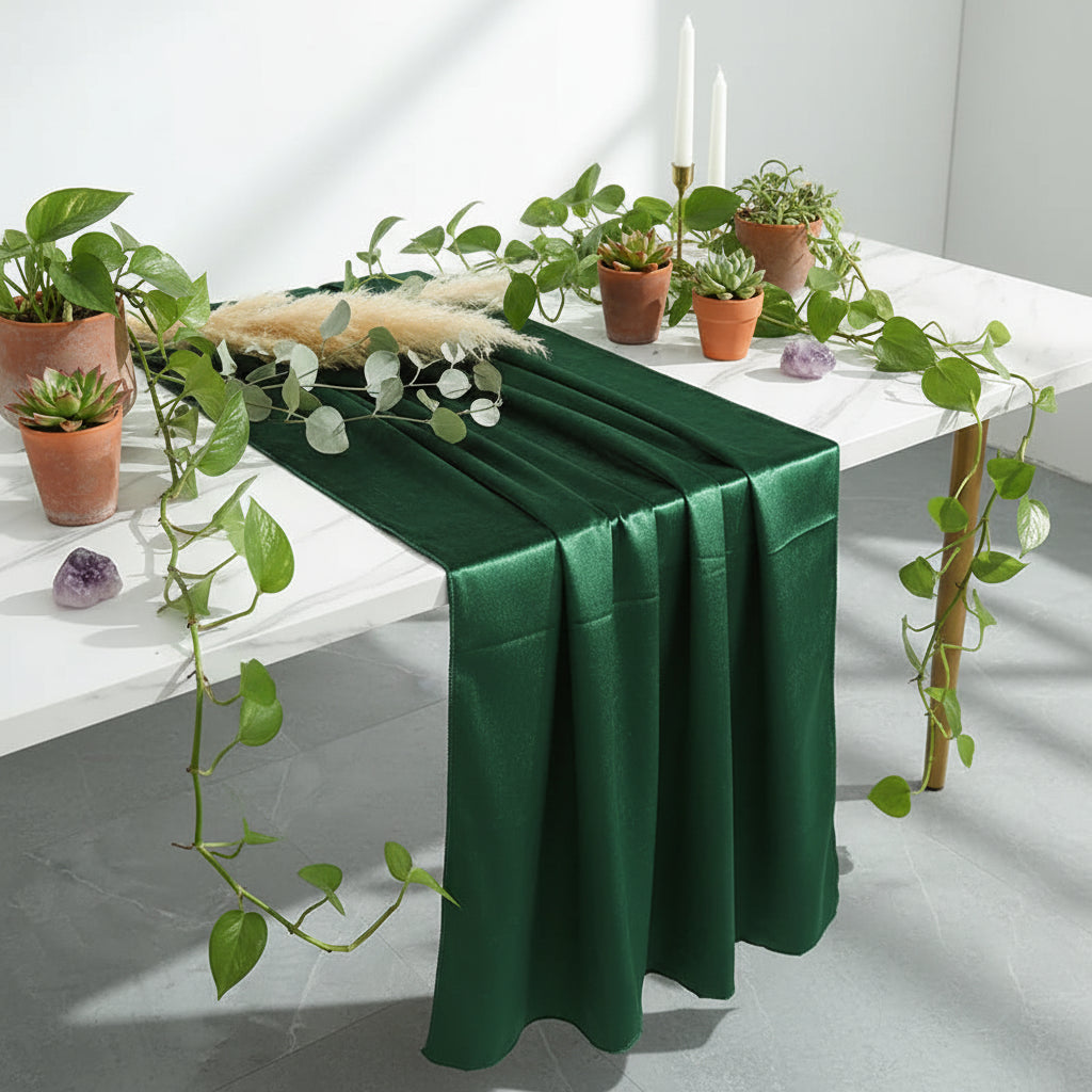 Dining table set with a green runner, white tablecloth, and decorative items in a room.