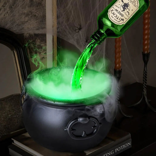 Green liquid being poured from a bottle into a cauldron with a Halloween-themed background.