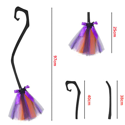 Black cane with colorful tutu skirt and measurements on a white background