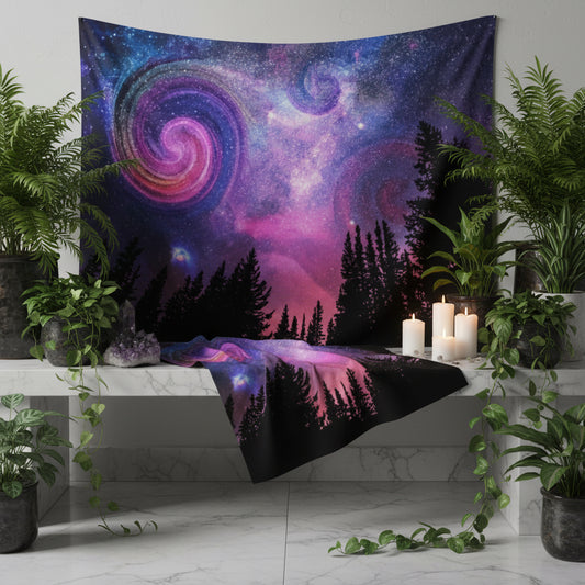 Galaxy tapestry hanging above a bed in a bedroom