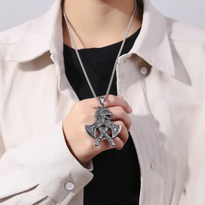 Vintage Nordic Necklace | Viking Wolf & Axe