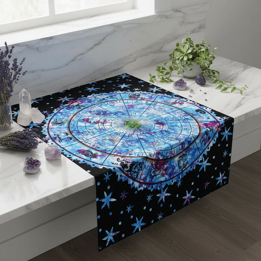 Decorative mat with astrological design on a black background