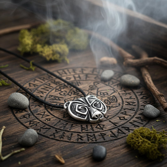 Silver monkey face pendant on a leather cord against a wooden background