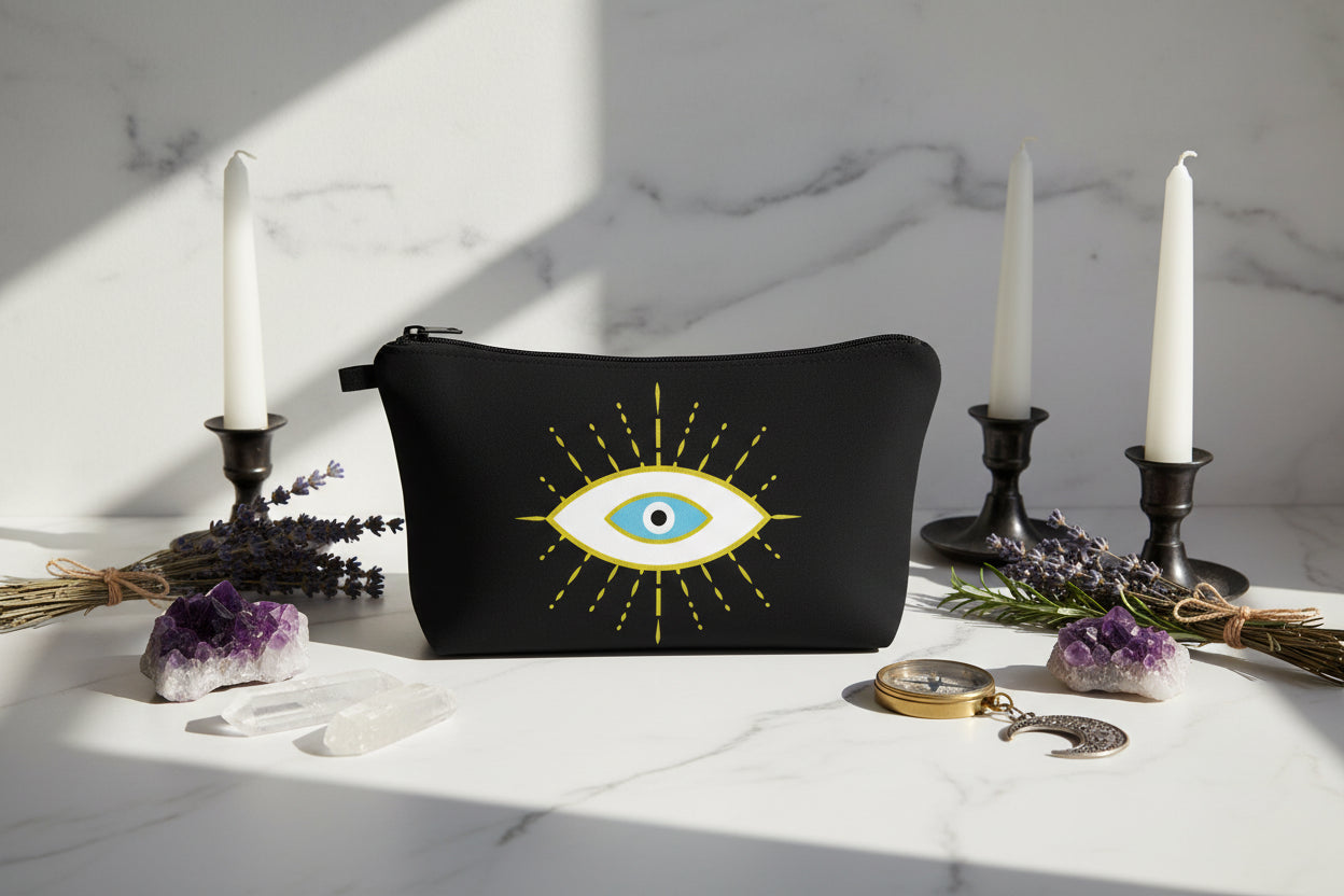 Black pouch with an eye design on a white background