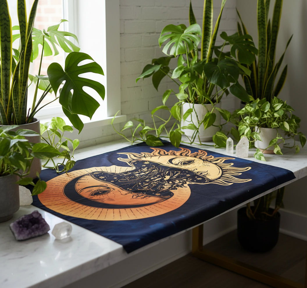 Tapestry with sun and moon design on a brick wall background