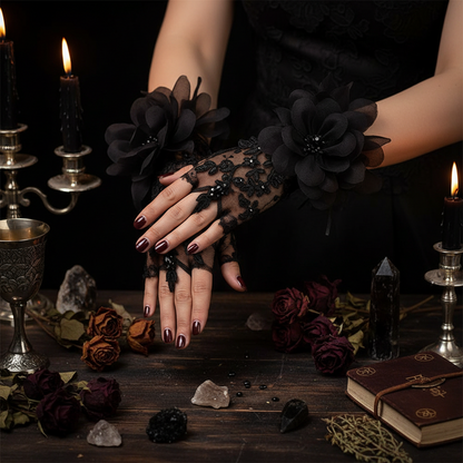Bride Wedding Dress Gloves with Red Flowers & Lace Sorceress Sanctuary