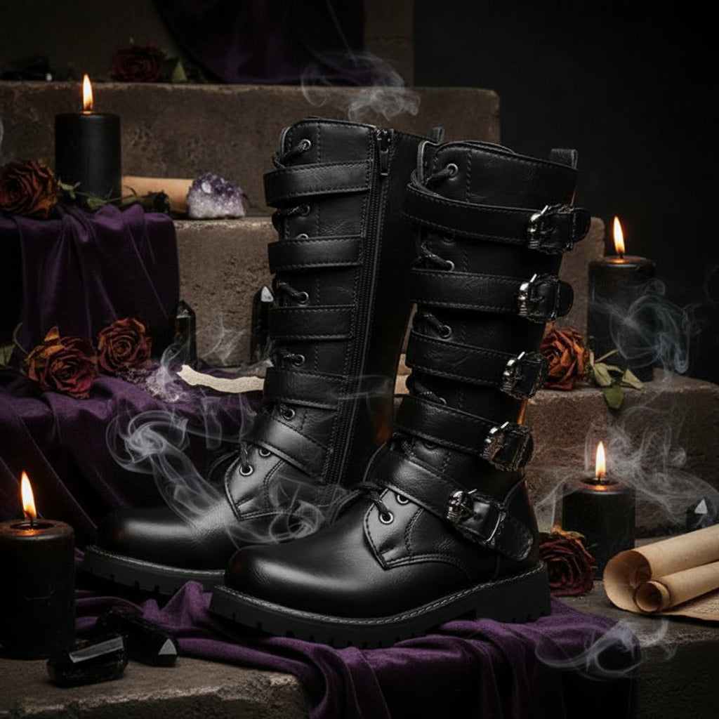 Black leather boots with multiple buckles on a white background
