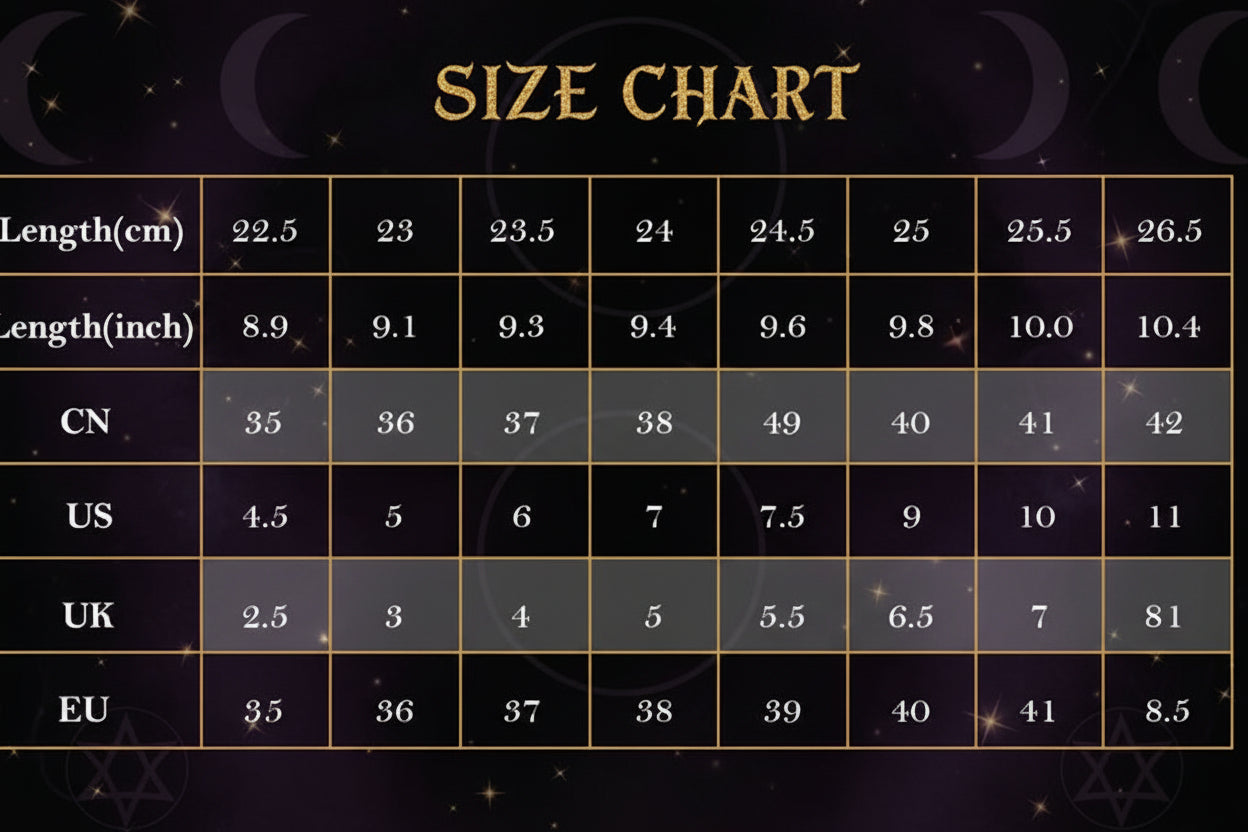 Size chart comparing different length measurements in centimeters, inches, CN, US, UK, and EU.
