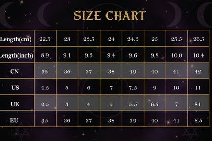 Size chart comparing different length measurements in centimeters, inches, CN, US, UK, and EU.