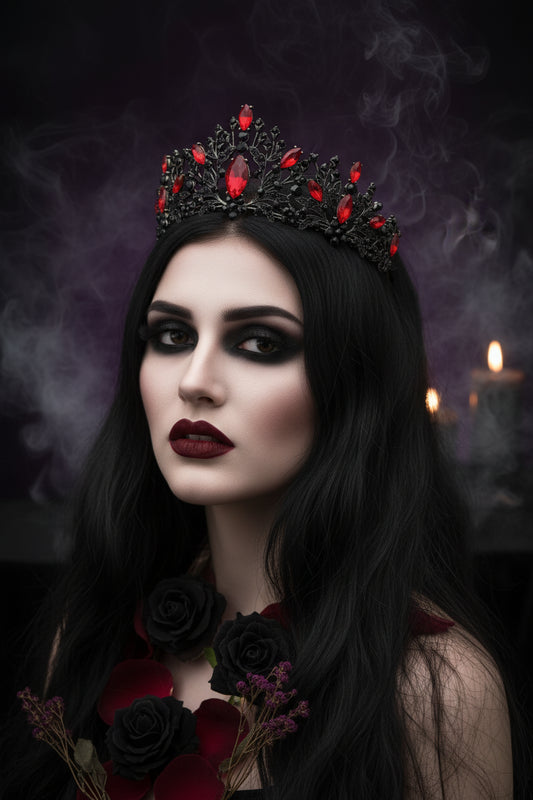 A gold-toned tiara crown embellished with red and black faceted rhinestones, displayed against a split black and light pink background.