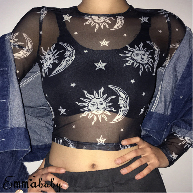 Gothic Long Sleeve Sheer Mesh Crop Top with Print