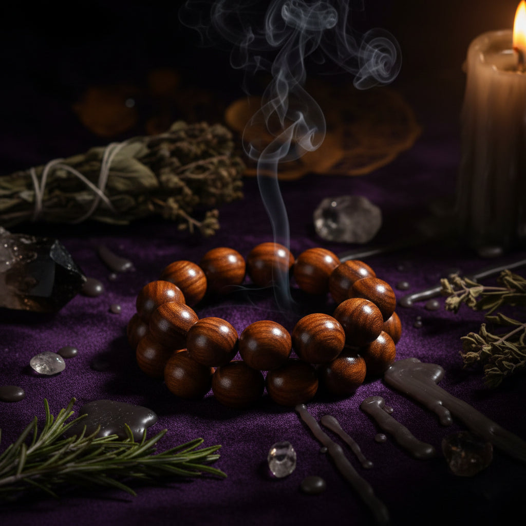 Wooden beaded bracelet on a textured surface