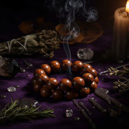 Wooden beaded bracelet on a textured surface