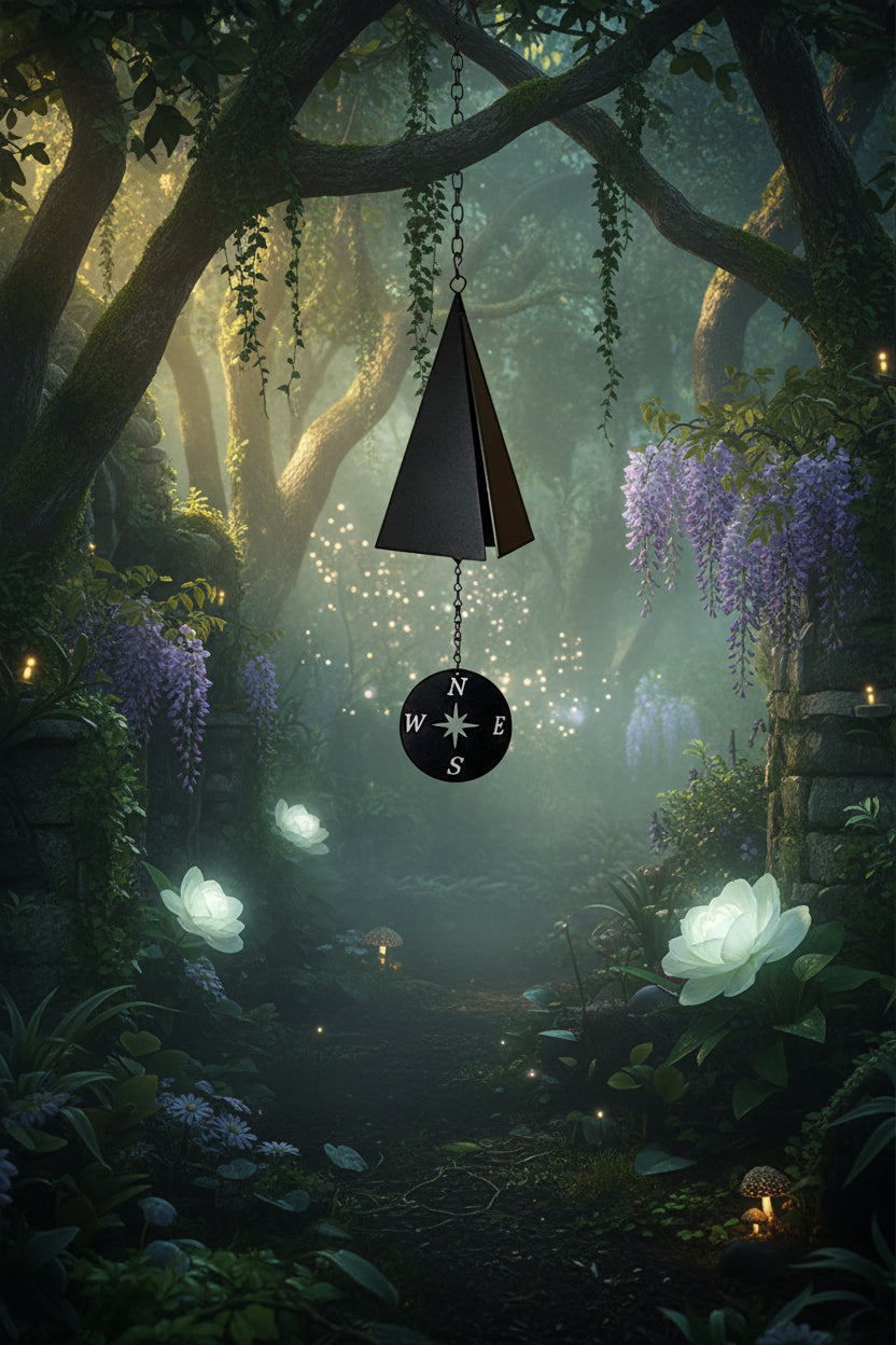 Black wind chime with compass design on a white background
