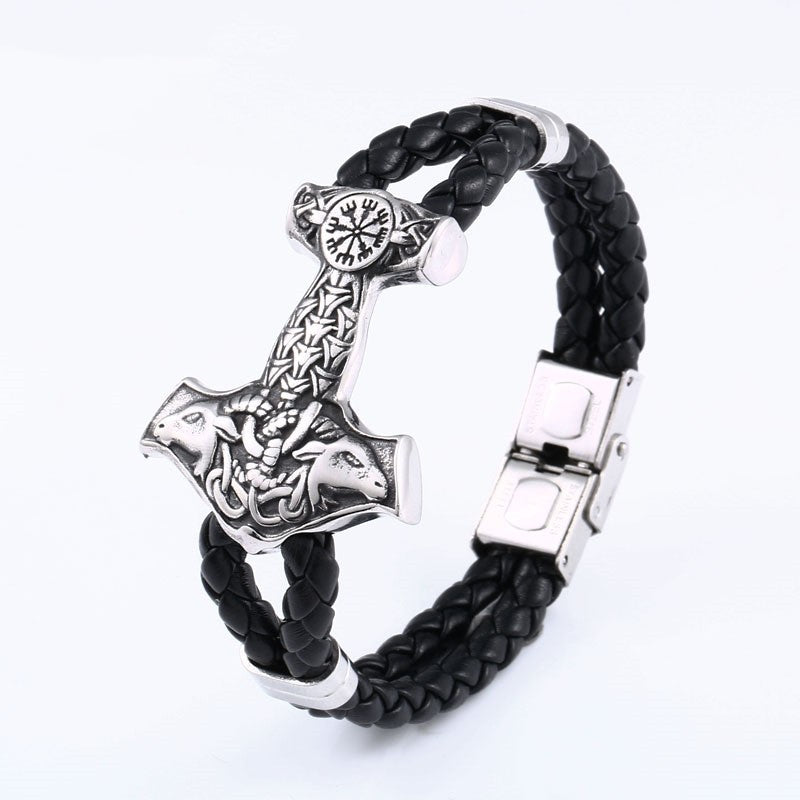 Retro Viking Titanium Steel and Leather Bracelet