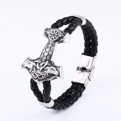 Retro Viking Titanium Steel and Leather Bracelet