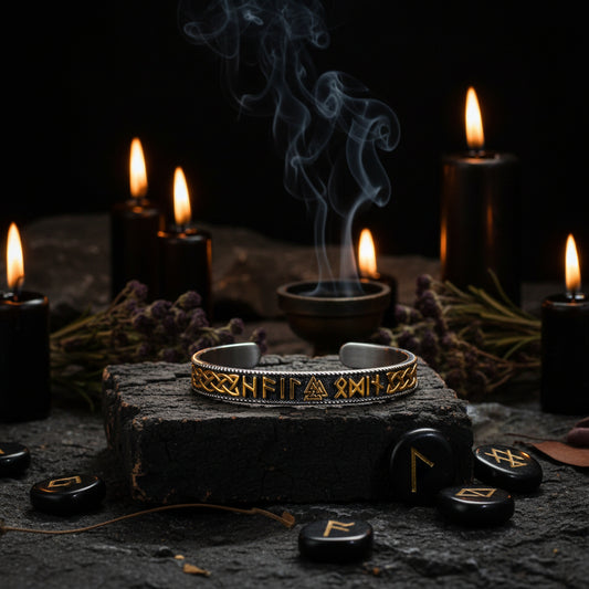 Runic bracelet on a textured stone surface with leaves
