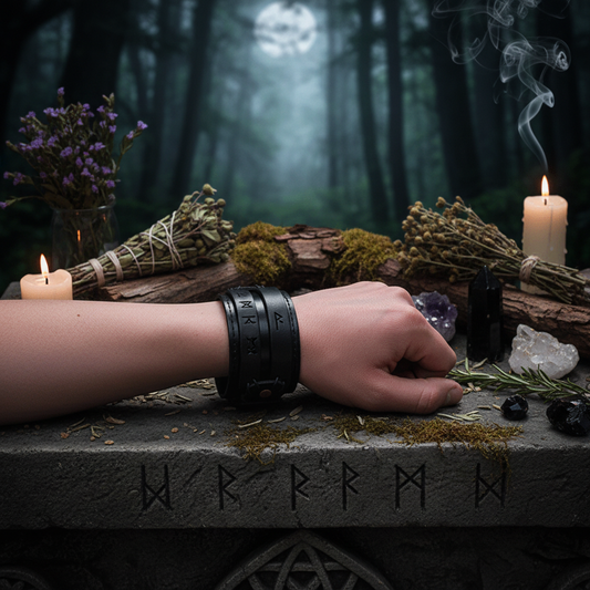 Black leather bracelet on a wrist with a blurred background