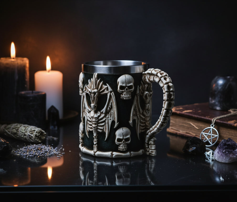 Resin Stainless Steel Skull Mug with Dragon Design Sorceress Sanctuary