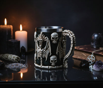 Resin Stainless Steel Skull Mug with Dragon Design Sorceress Sanctuary