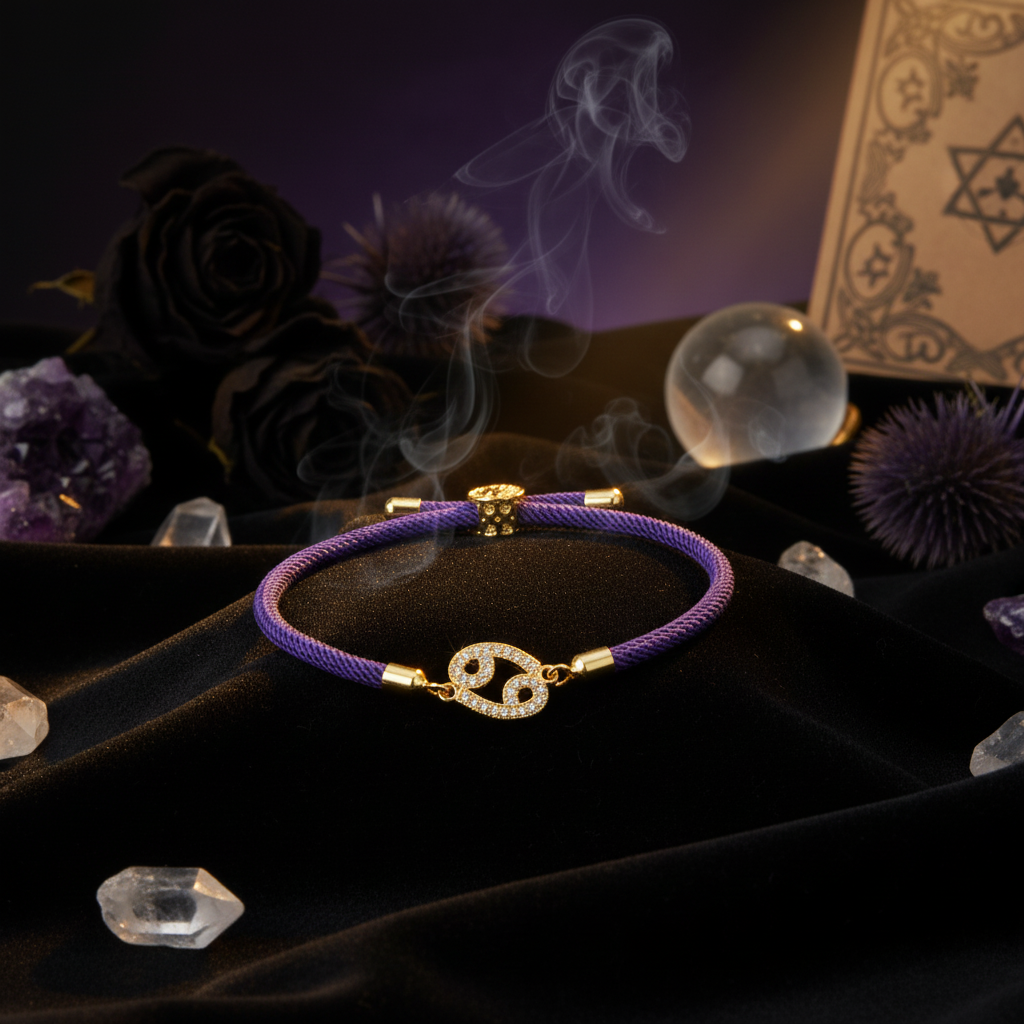 Purple bracelet with gold accents on a white background
