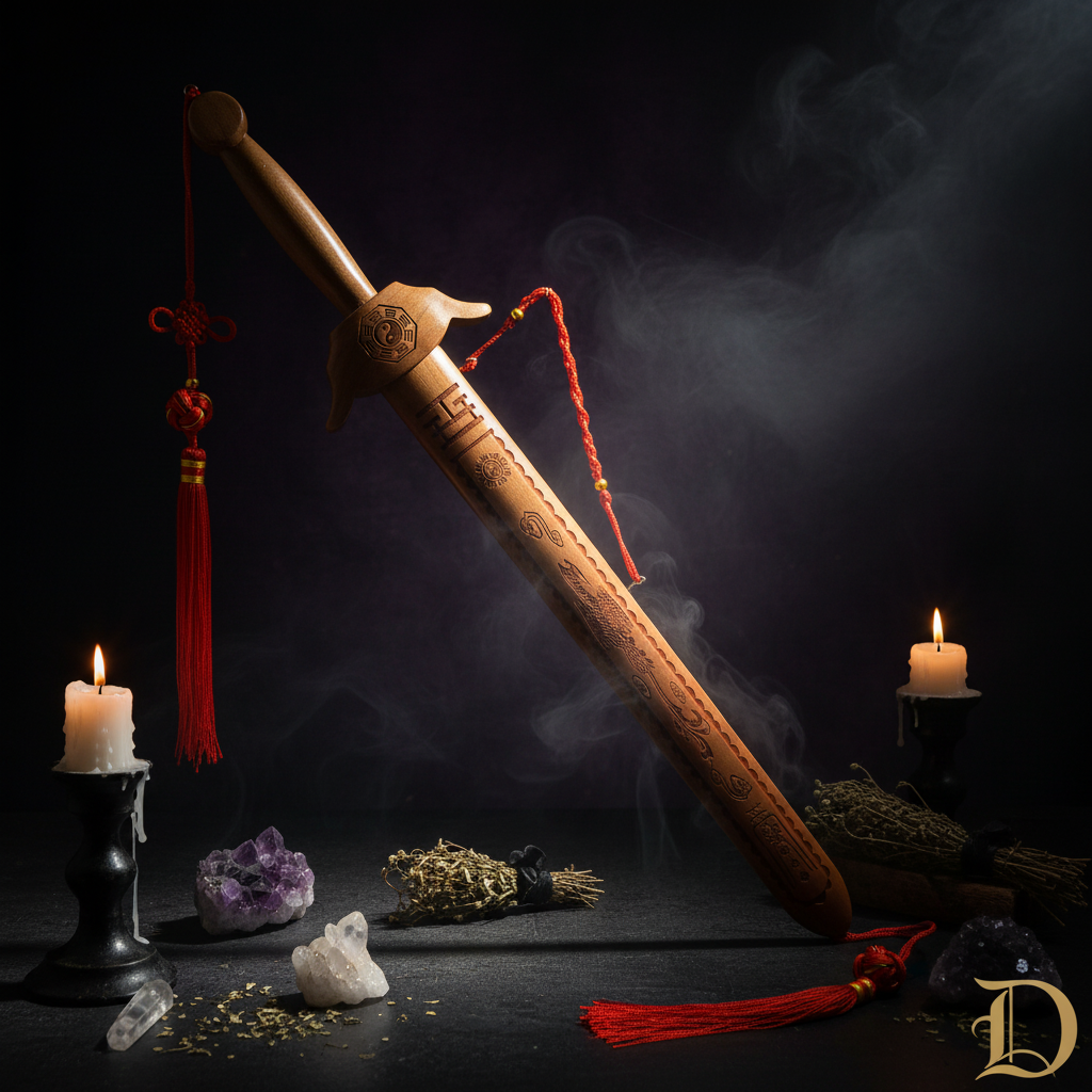 Wooden sword with decorative elements on a white background