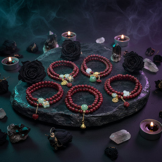Set of red beaded bracelets with decorative charms on a wooden tray.