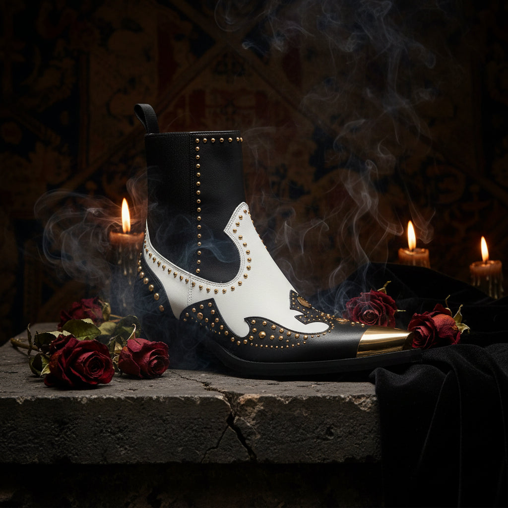 Black and white ankle boot with gold studs on a white background