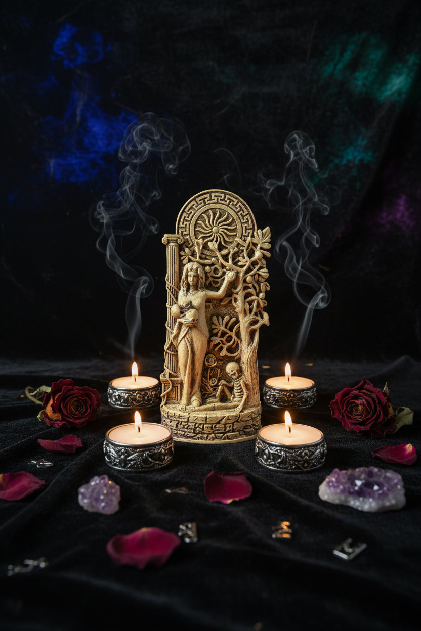 Decorative wall sculpture with intricate goddess designs on a gray background