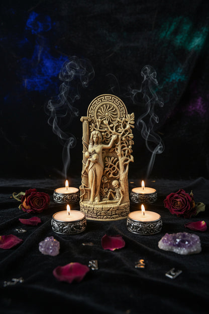 Decorative wall sculpture with intricate goddess designs on a gray background