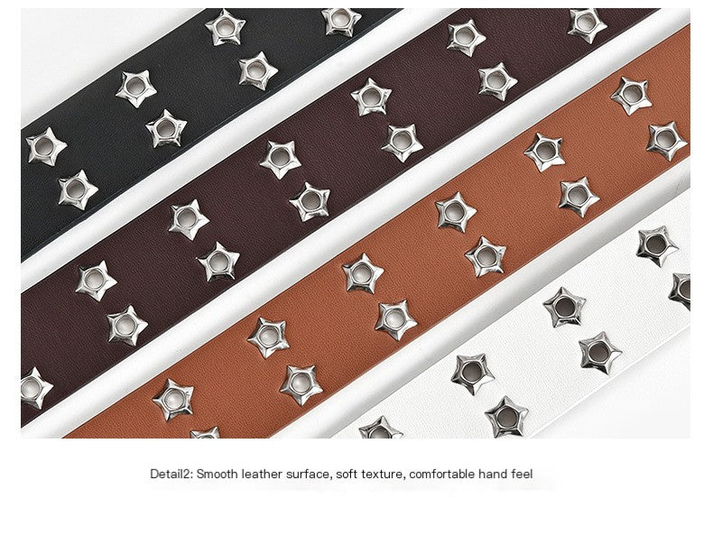 Four leather straps with star-shaped studs in black, brown, and white on a white background.