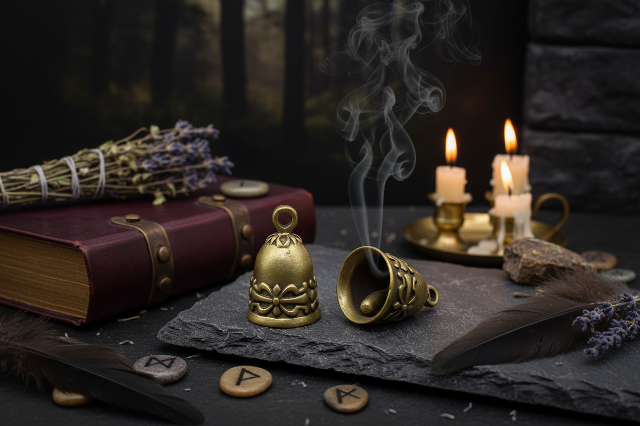 Two brass bells on a dark surface with a blurred background