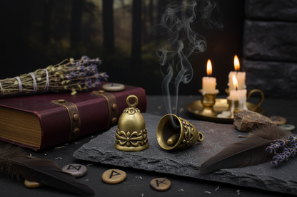 Two brass bells on a dark surface with a blurred background