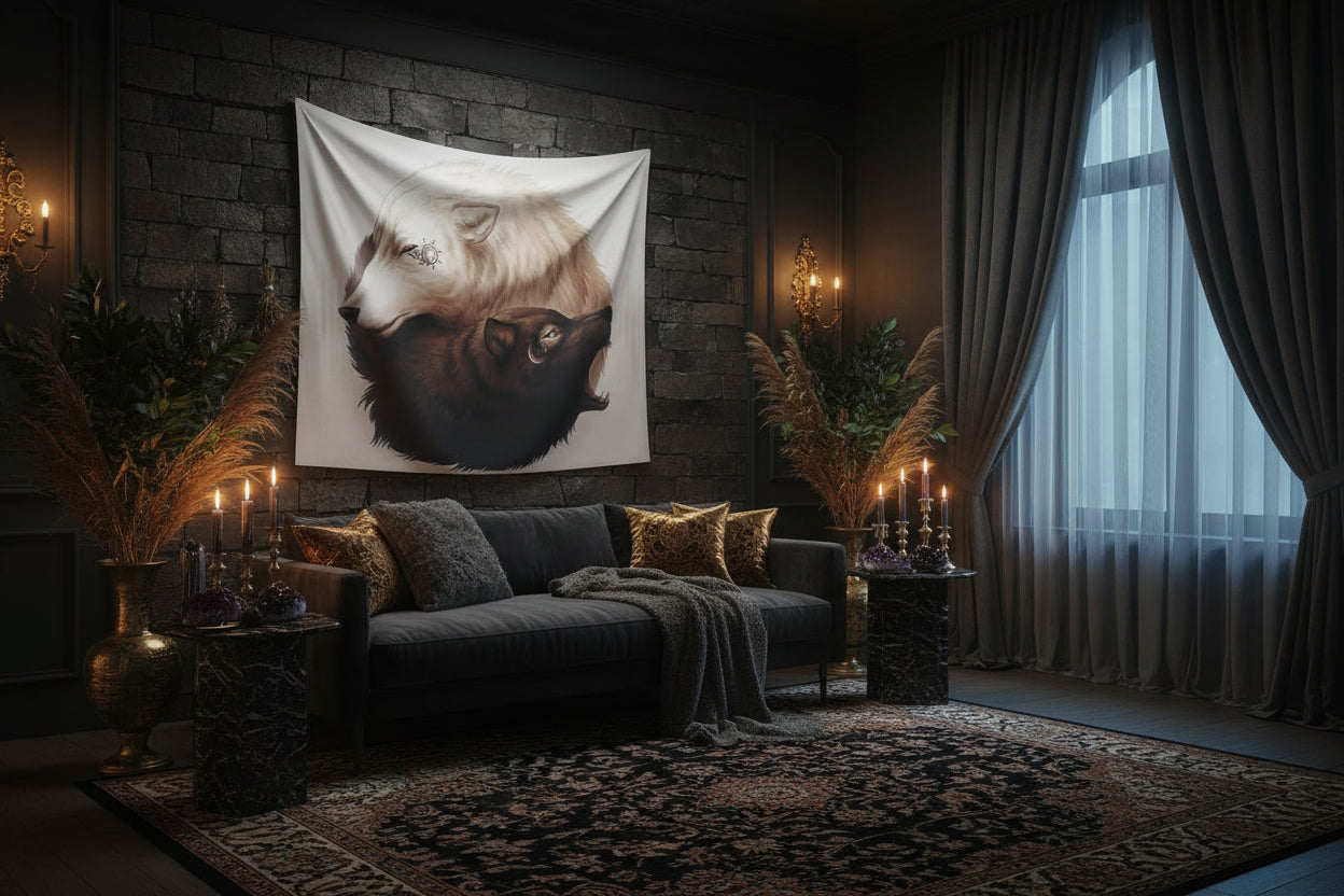 Yin Yang Wolf Tapestry with Digital Print Design Sorceress Sanctuary