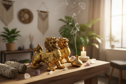 Gold lion statues on a white background