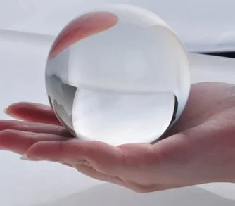 Hand holding a clear crystal ball against a white background