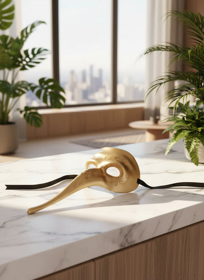 Gold glitter halloween mask with a long nose on a tiled floor