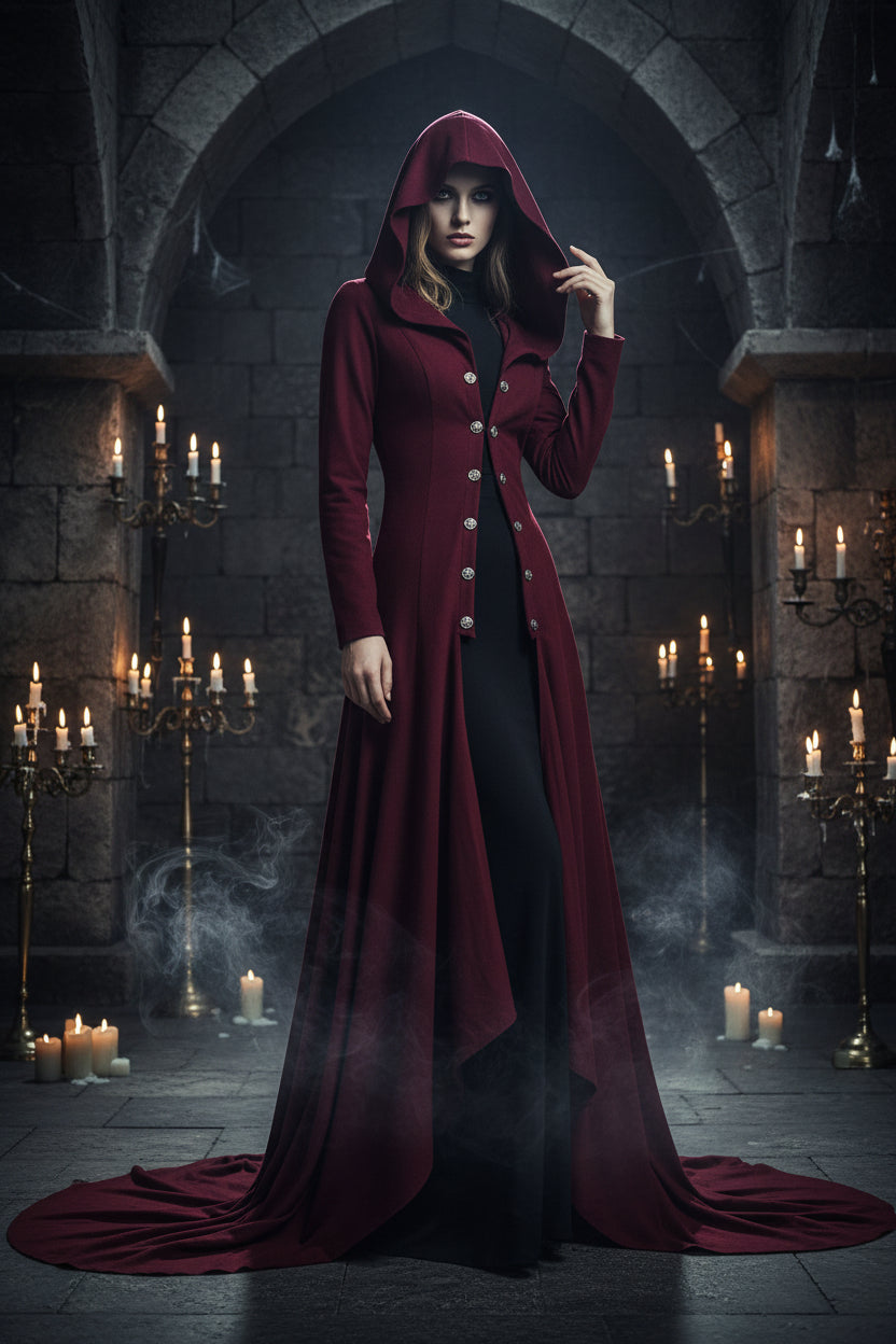 Long dark red coat with a hood on a white background