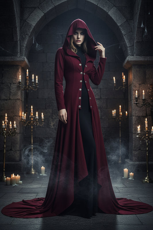 Long dark red coat with a hood on a white background