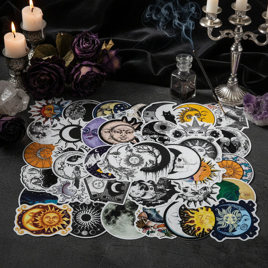 Collection of sun and moon-themed stickers on a white background