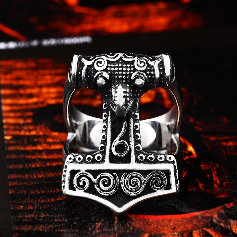 Viking Ring with Thor's Hammer in Titanium Steel