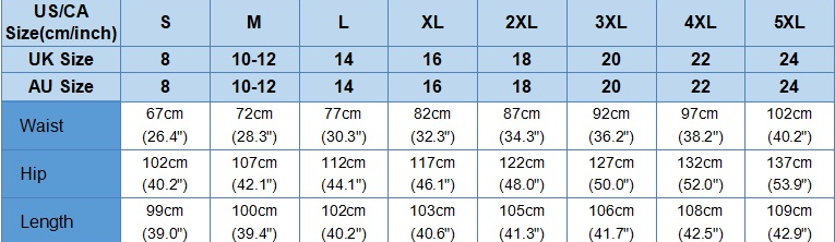 Size chart for US/CA measurements with color-coded sizes.