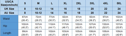 Size chart for US/CA measurements with color-coded sizes.